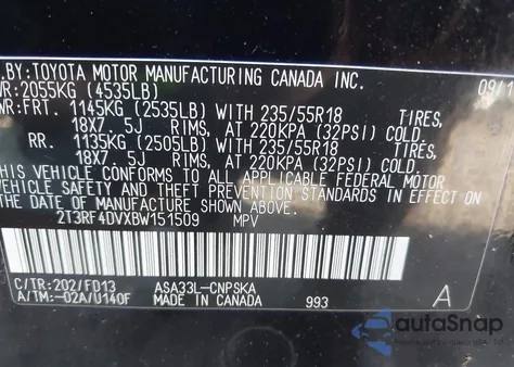 2011 Toyota Rav4 Sport z USA, uszkodzony, nr VIN 2T3RF4DVXBW151509